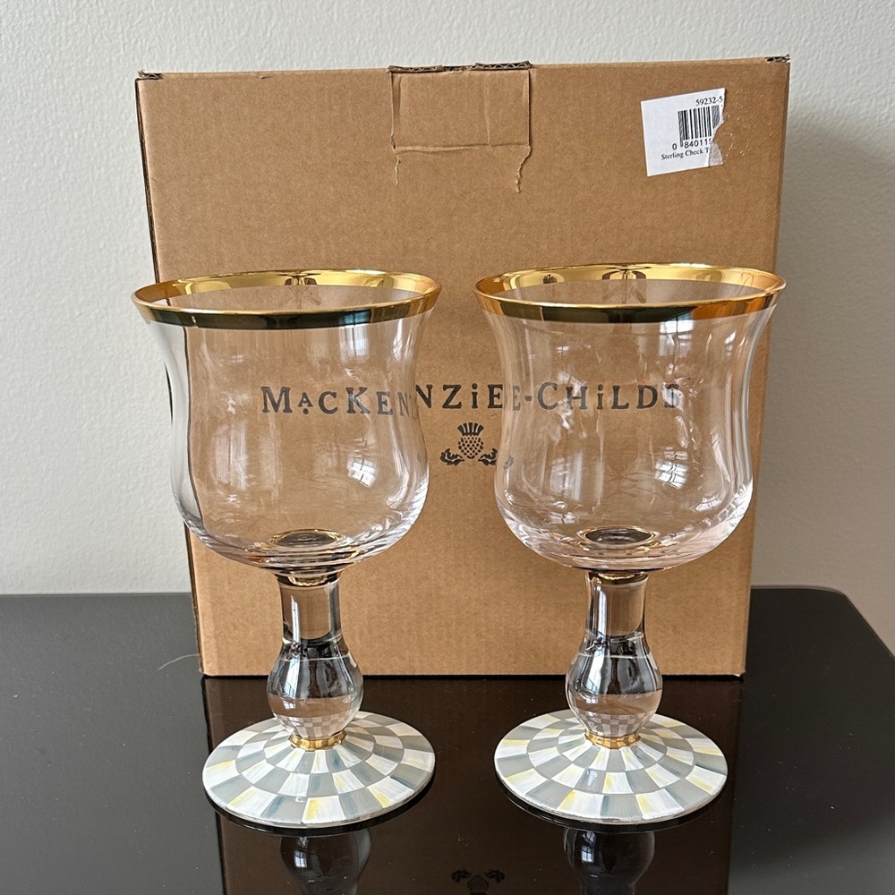 MacKenzie-Childs Gold Rimmed Goblets with Patterned Base